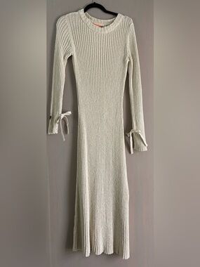 Ribbed Long-Sleeve Maxi Dress in Cream with Tie Cuffs